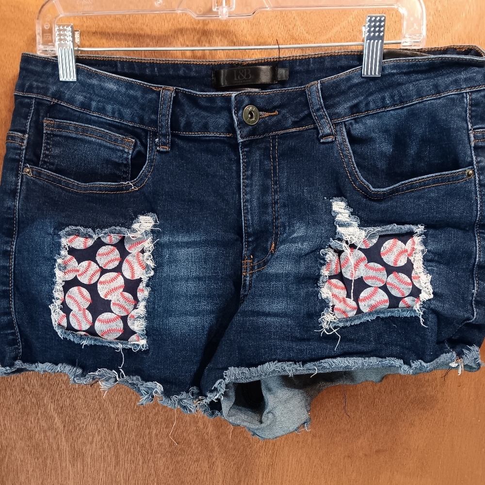 L&B Dark Blue Jean Shorts with Red Baseball  Patches